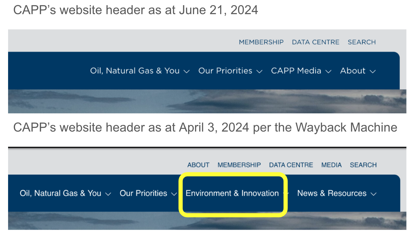 Canadian Association of Petroleum Producers website ditched all environmental claims per Wayback Machine